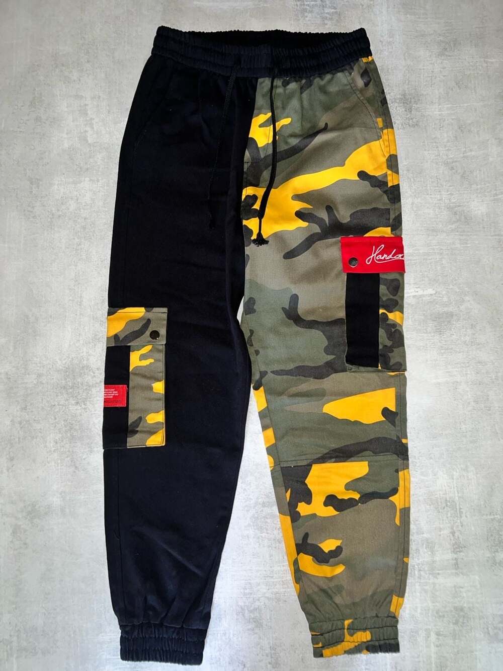 Colorblock Camo Cargo Jogger Pants with Red Pocket Accents